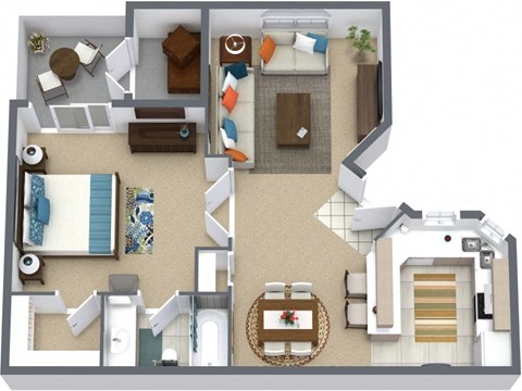 Floor plan for 1 bed, 1 bath, 670 sqft
